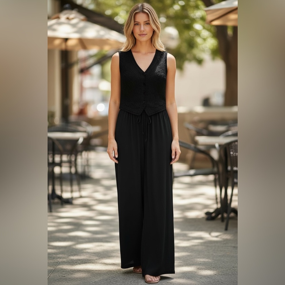 Ann Taylor One Piece Black Rayon Vested Pant Suit | Jumpsuit | Wide Leg | Size 6